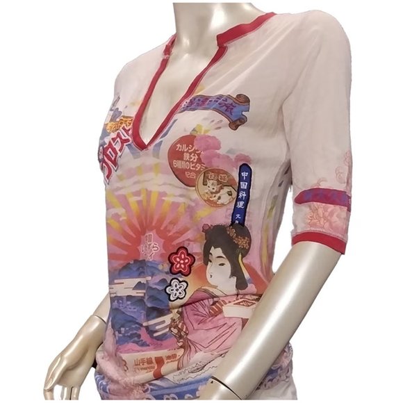 Vintage Lucky Brand Rare Y2K V-Neck Geisha Graphic Tee - Picture 3 of 10